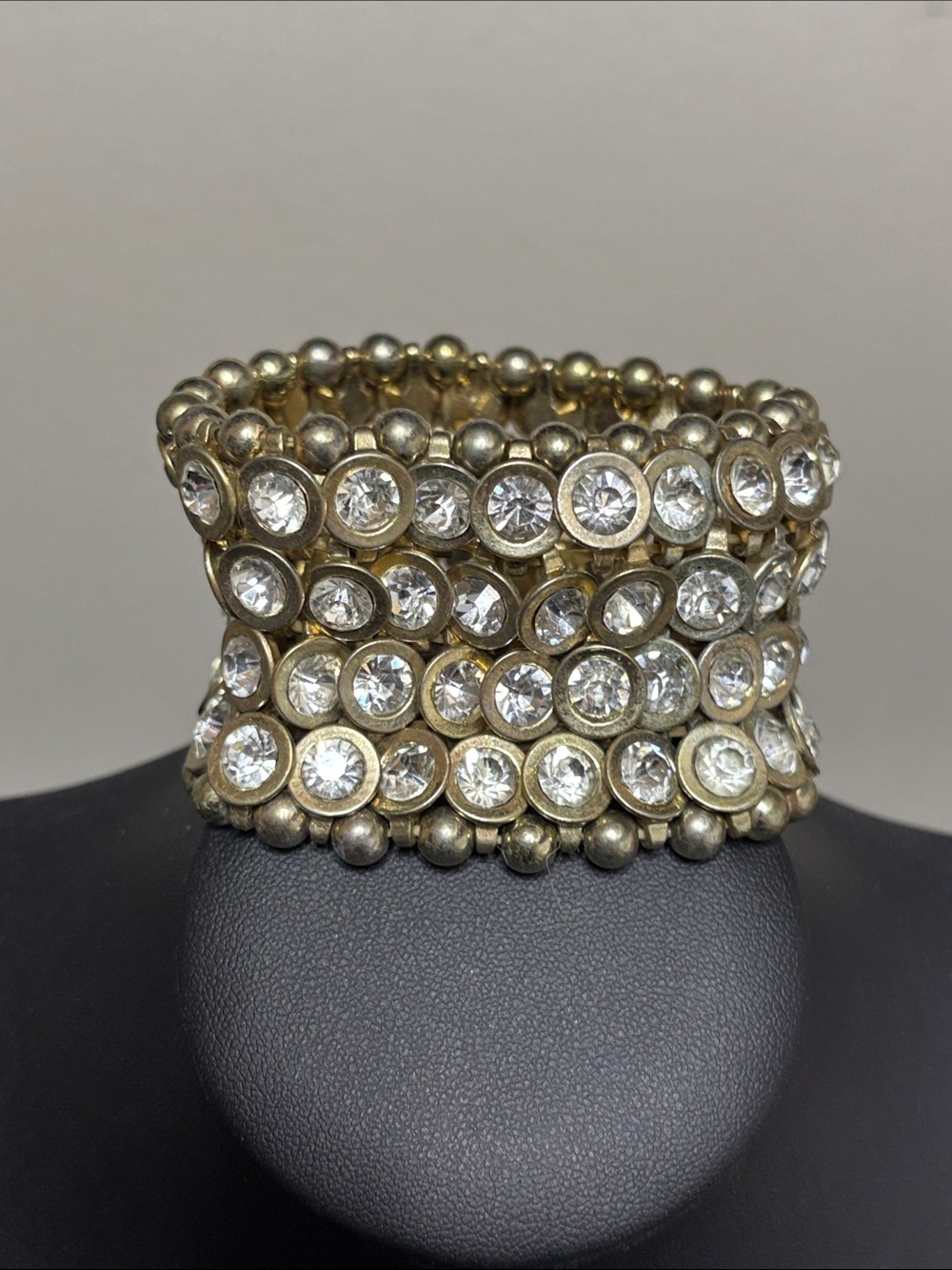 Bars Studded Rhinestone Chunky Stretch Bracelet Gold Tone Statement